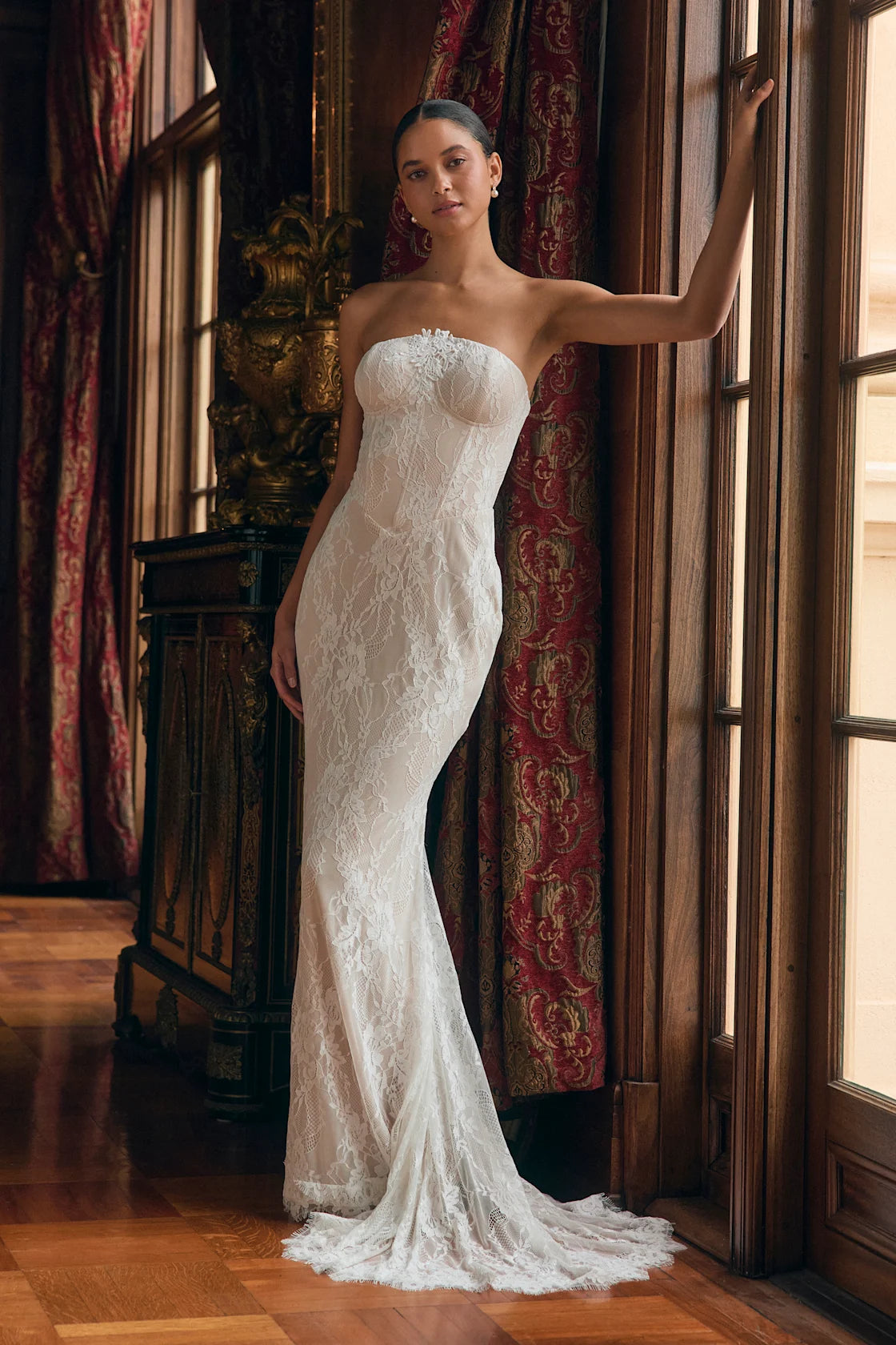 Valeria White Lace Strapless Bustier Maxi Dress