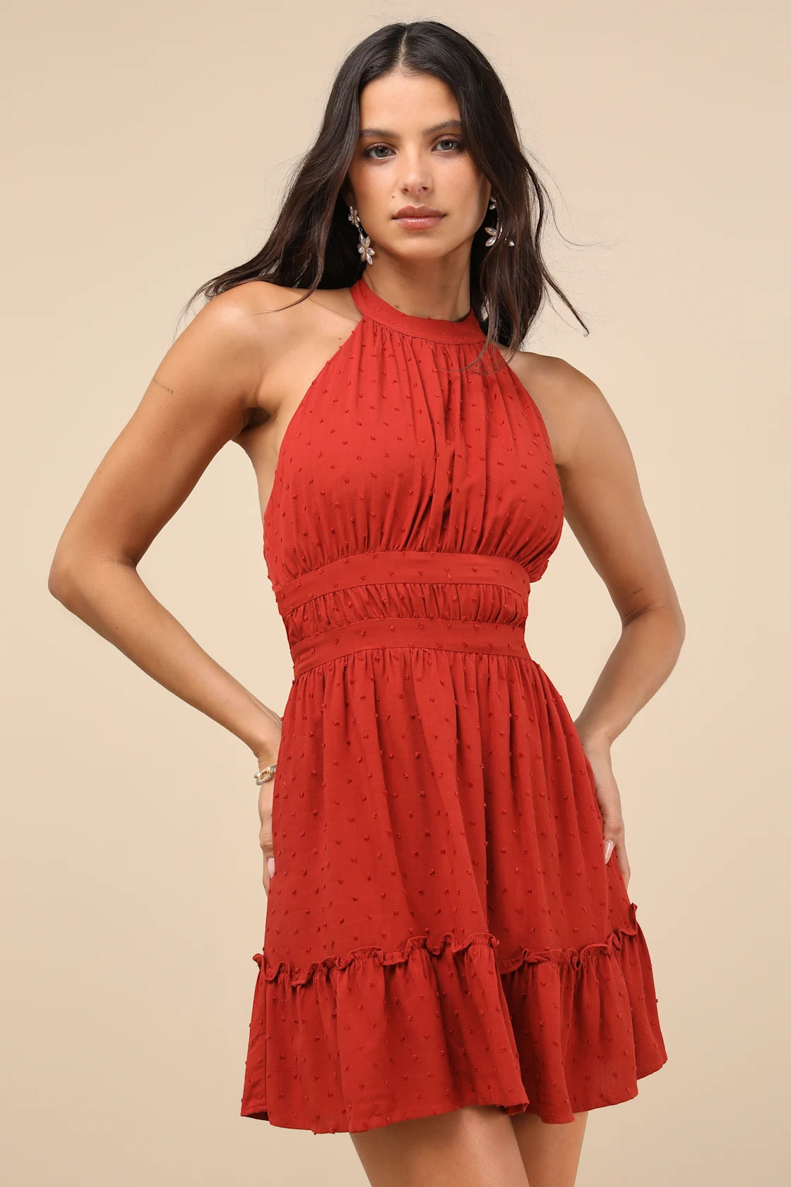 Zahia Rust Red Swiss Dot Ruffled Halter Mini Dress