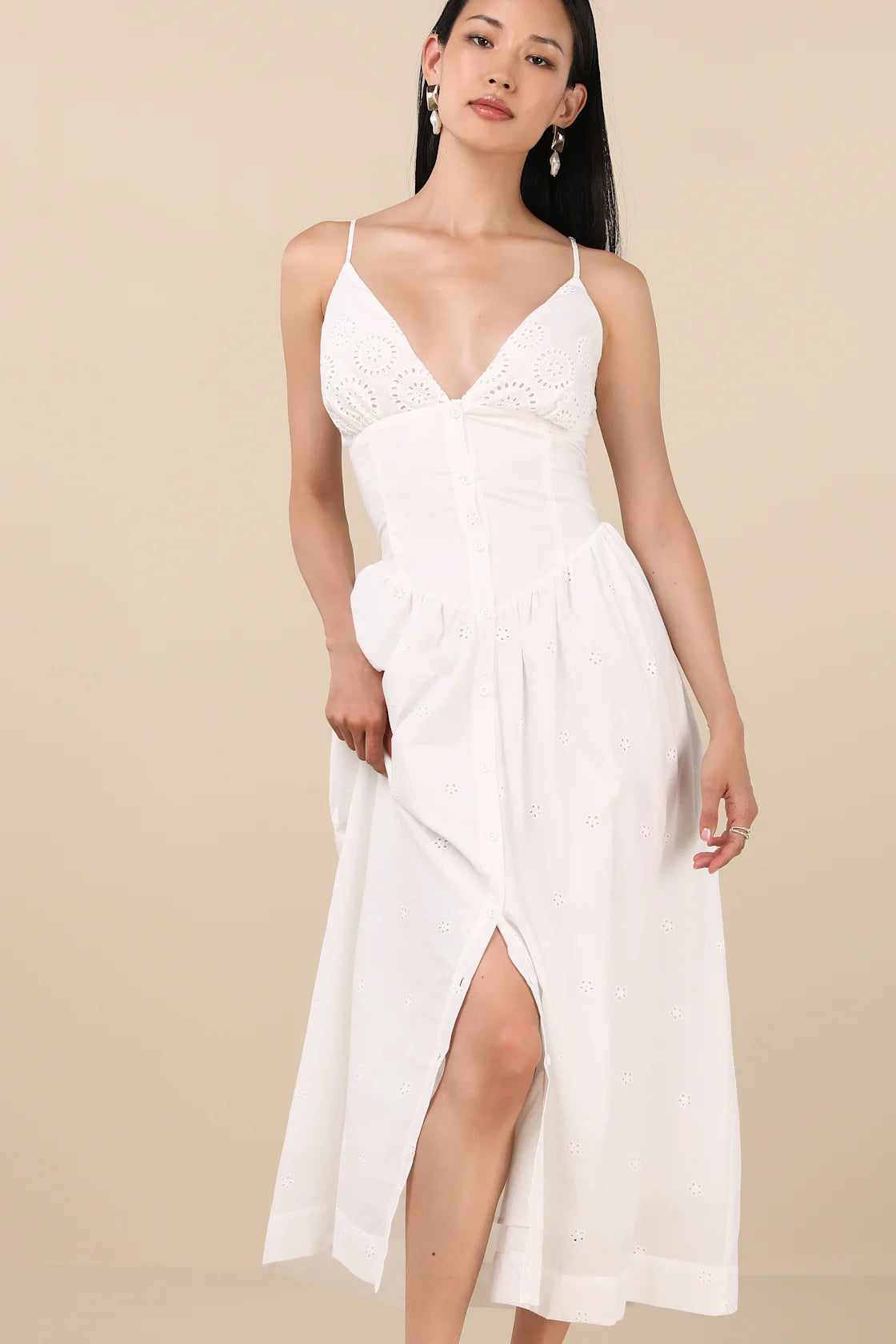 Zahrah Navy Eyelet Embroidered Button-Front Midi Dress