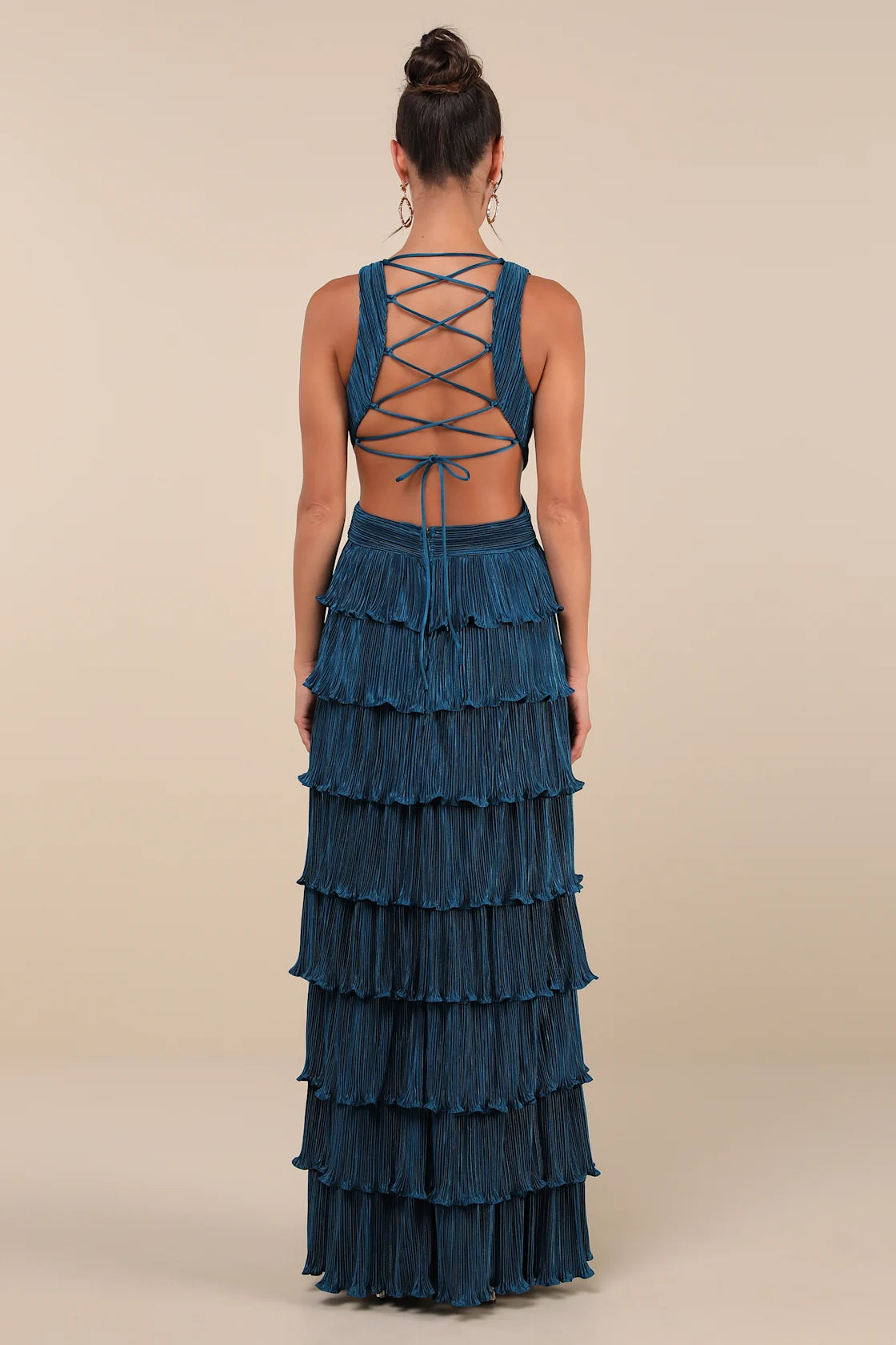 Beauty Icon Gold Satin Pleated Tiered Lace-Up Maxi Dress