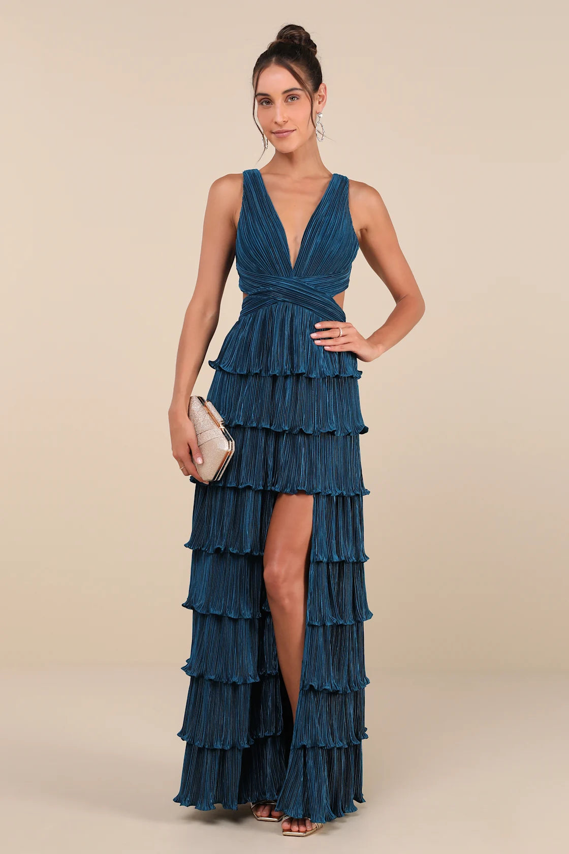 Beauty Icon Gold Satin Pleated Tiered Lace-Up Maxi Dress