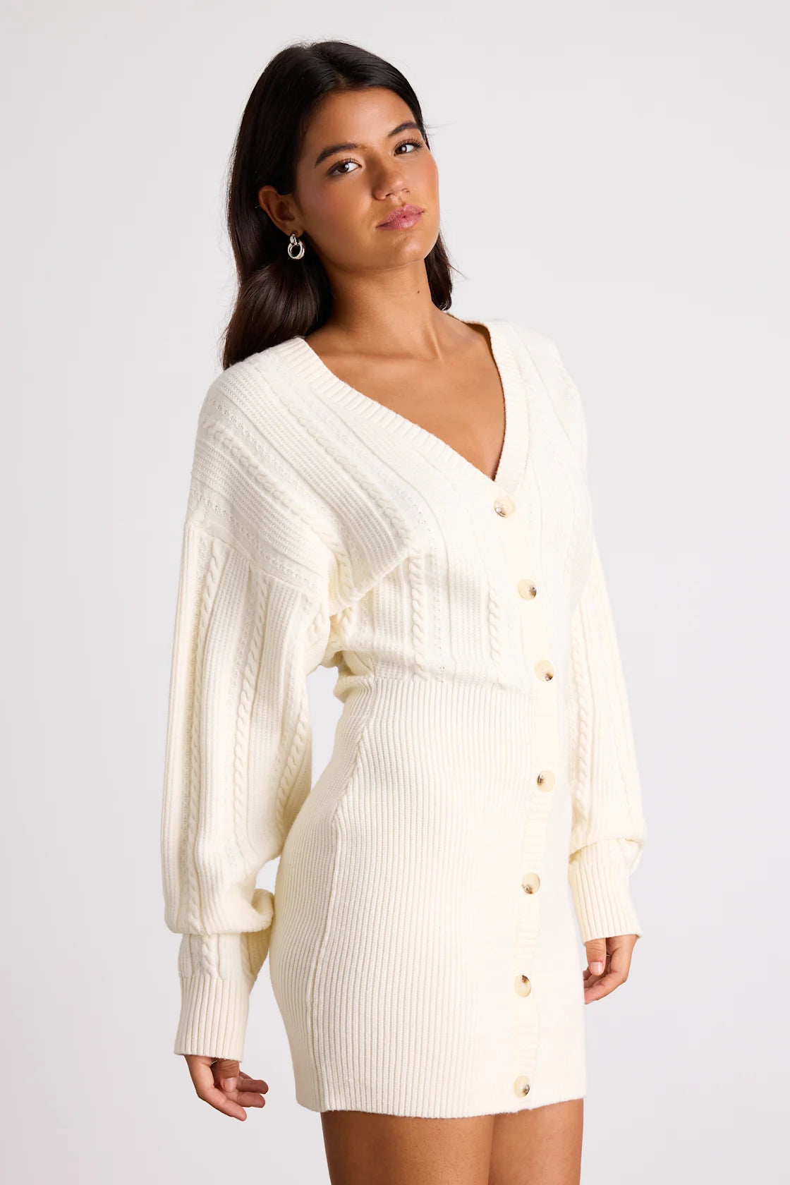 Bowyn Ivory Cable Knit Button-Front Sweater Mini Dress