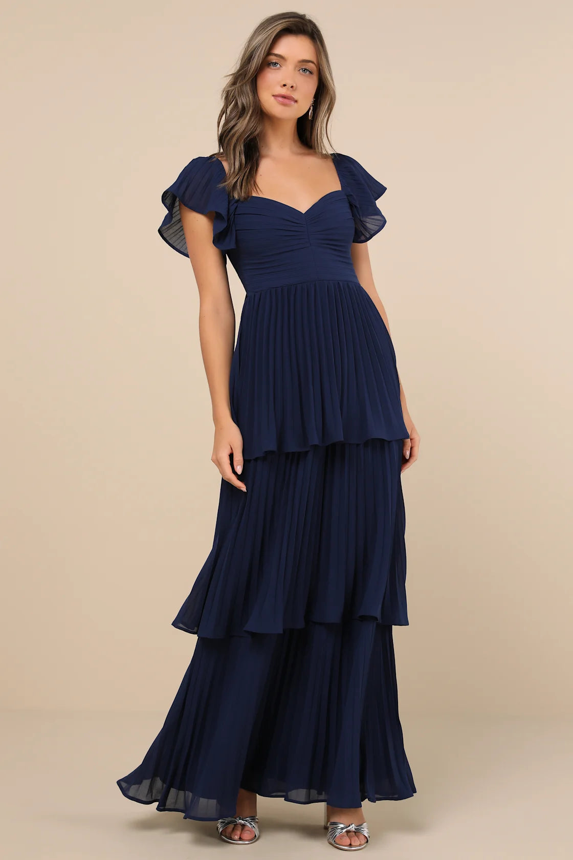 Notorious Charm Navy Blue Pleated Flutter Sleeve Maxi Dress