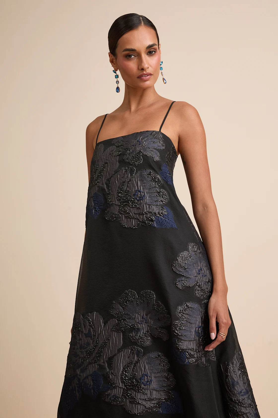Yavanna Black and Blue Floral Jacquard Shift Maxi Dress