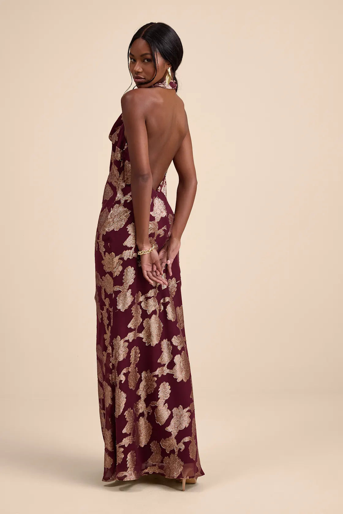 Zafira Burgundy and Gold Burnout Cowl Halter Maxi Dress